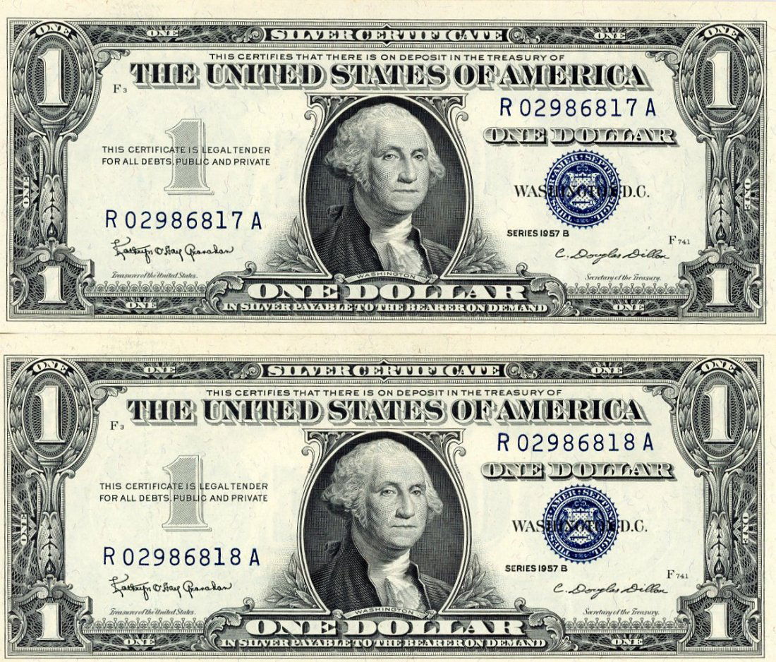 1957-B $1 Silver Certificate, 2 Consecutive Notes (1 of 2)