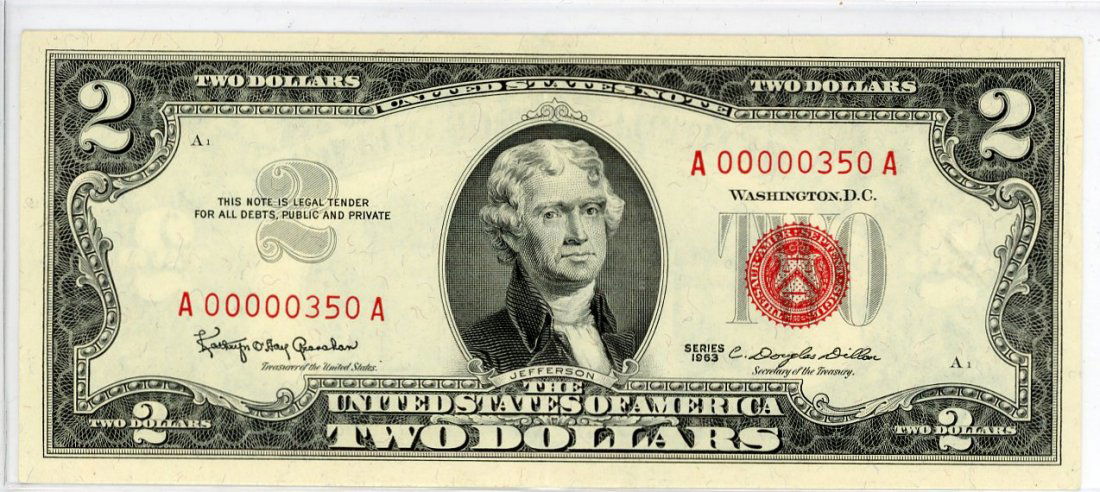 1963 $2 U.S. Note Low #A00000350A (1 of 2)