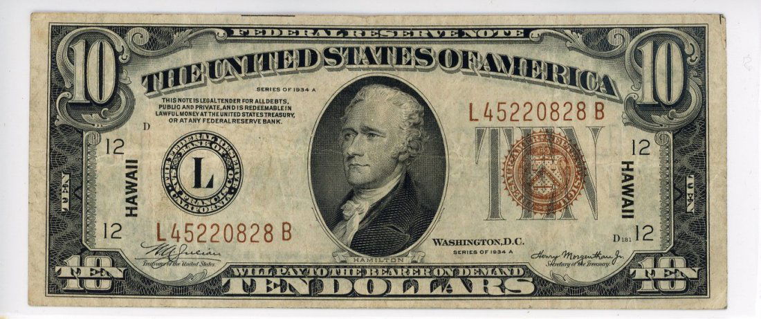 1934-A $10 Federal Reserve Note Hawaii Emergency (1 of 2)