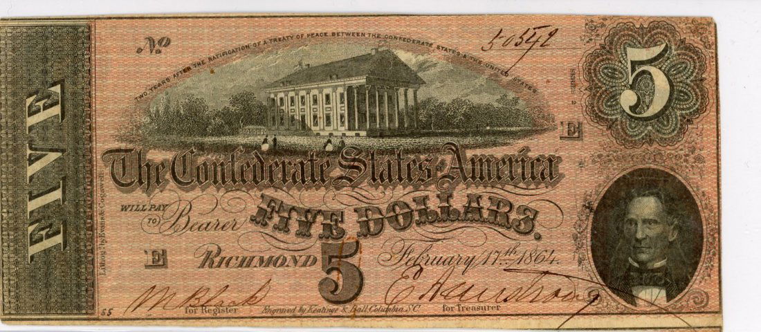 1864 $5 Confederate Currency, Seventh Issue "E" (1 of 2)