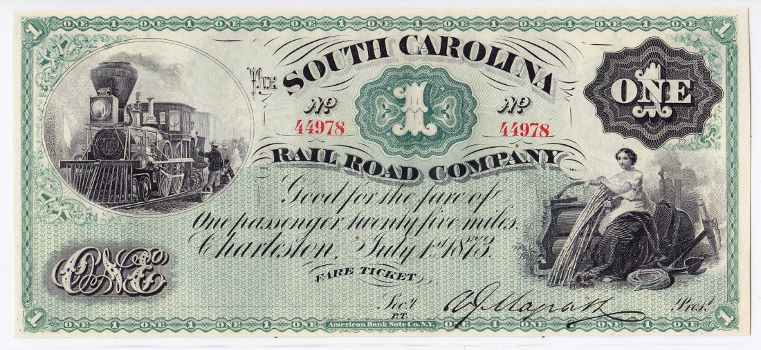 1873 South Carolina Rail Road, One Fare Ticket CU: 1873 South Carolina Rail Road company, One Fare Ticket. Charleston. 25 miles. July 1, 1873, CU