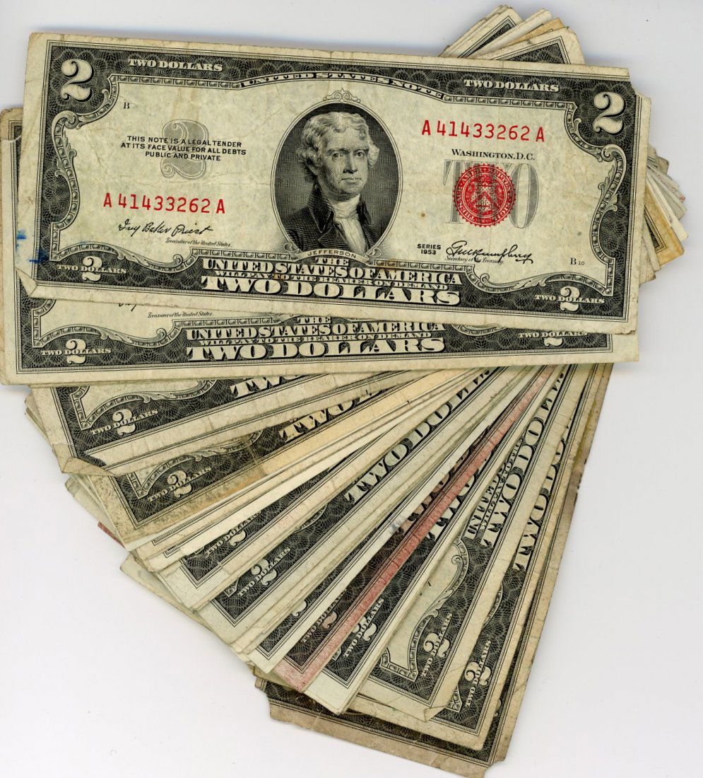 1953 $2 U.S. Notes Red Seal, Lot of 48 (1 of 2)