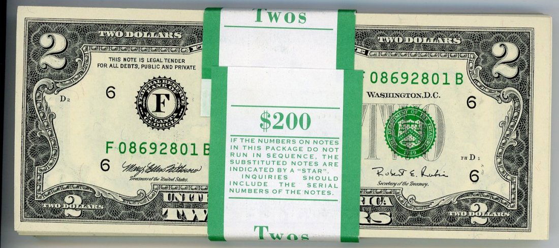 1995 $2 Federal Reserve Notes, Unopened Block of 100 (1 of 2)