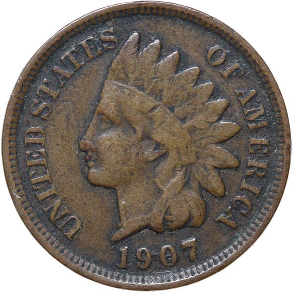 1907 Indian Head Cent: 1907 Indian Head Cent. Fine-12. Greysheet $25.