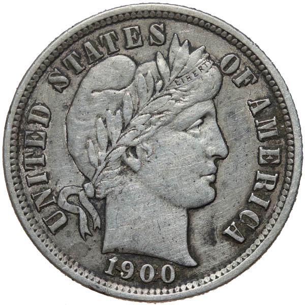 1900-S Barber Dime: 1900-S Barber Dime. EF-40. Greysheet $29.