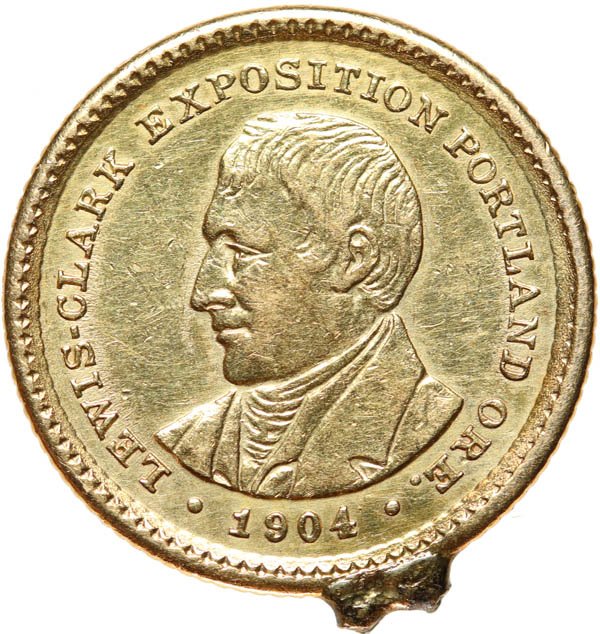 1904 Lewis and Clark Gold Dollar: 1904 Lewis and Clark Gold Dollar. Mounted for jewelry, polished. Fine.