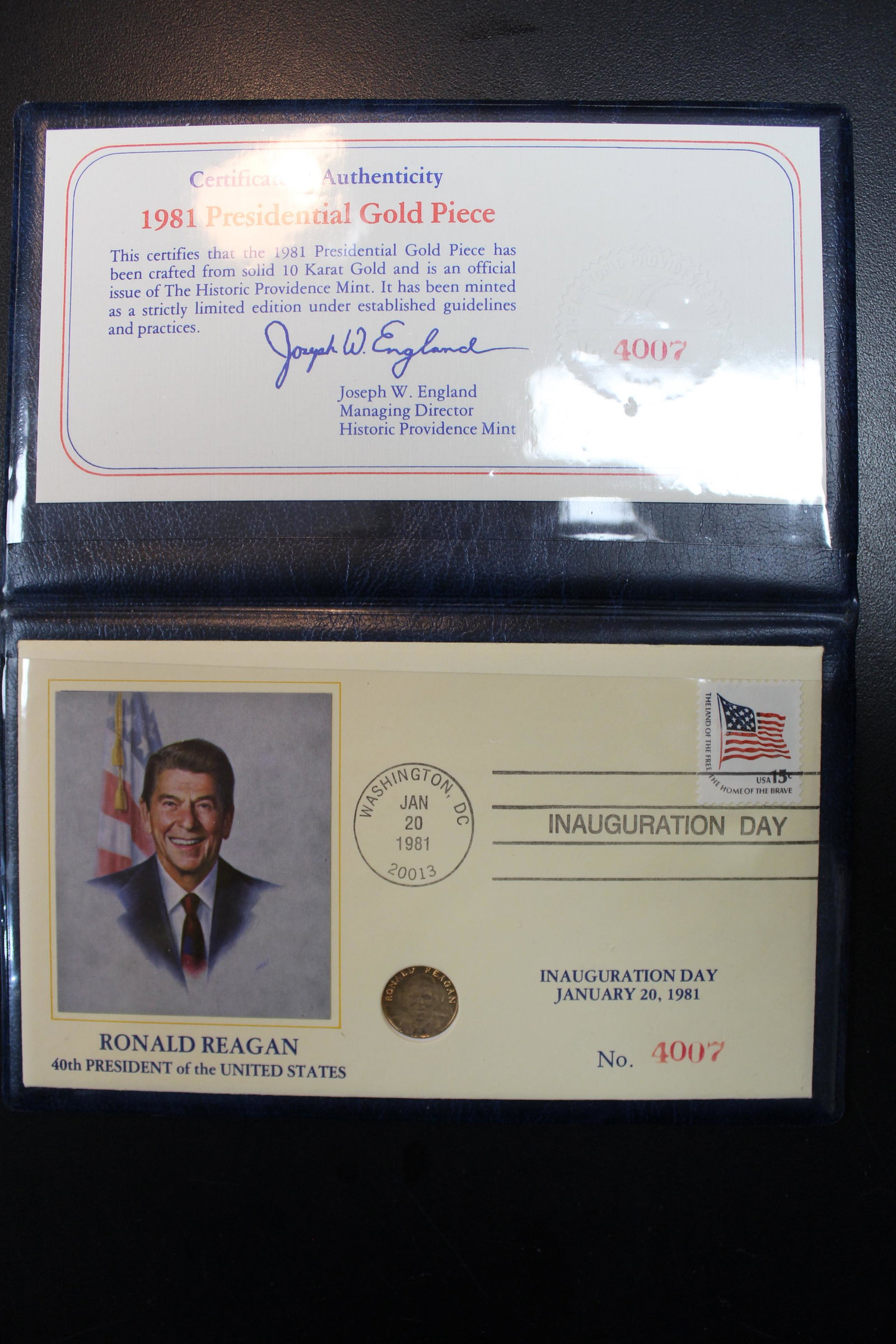 Ronald Reagan 1981 Presidential Gold Piece: With January 20, 1981 inauguration cover w/COA. 5/8" diameter.