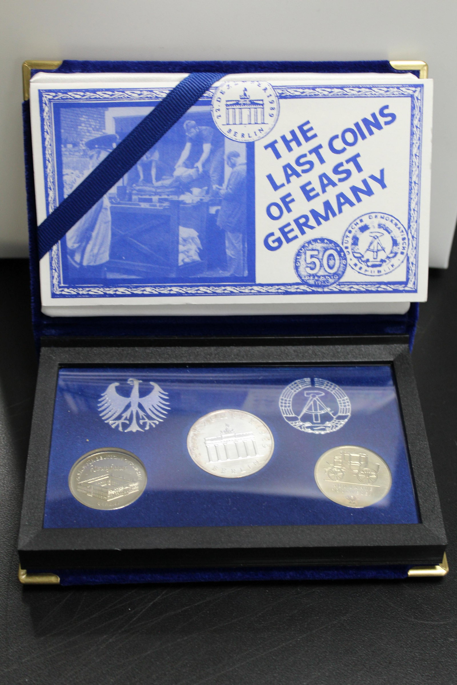 East Germany Set of 3 Coins: Last coins of East Germany in box w/COA. Includes 1990 20 mark silver
