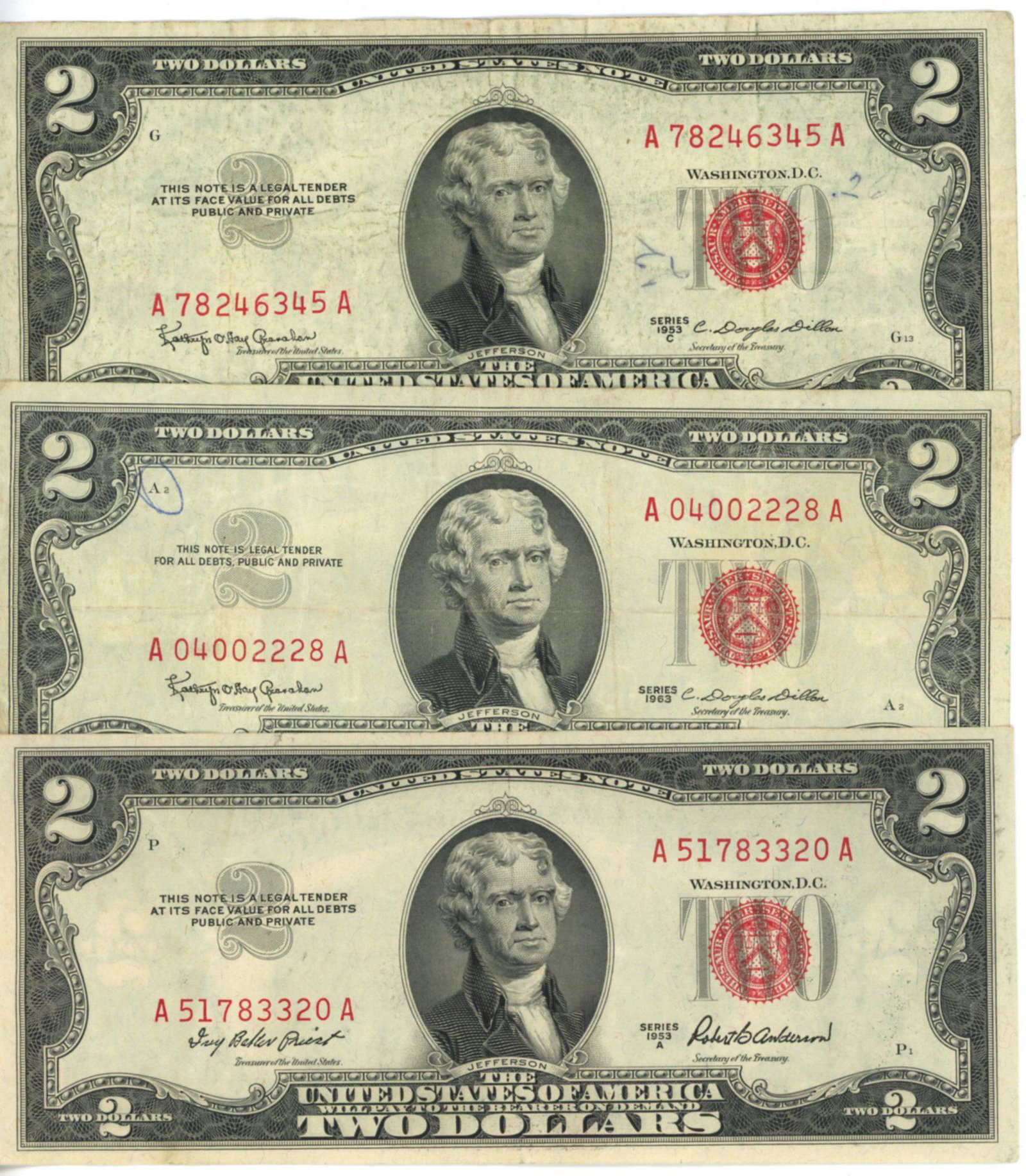 1935A, 1935C, and 1963 $2 US Notes Lot of 3 Red Seal: 1935A, 1935C, and 1963 $2 US Notes Lot of 3. Red seal. XF