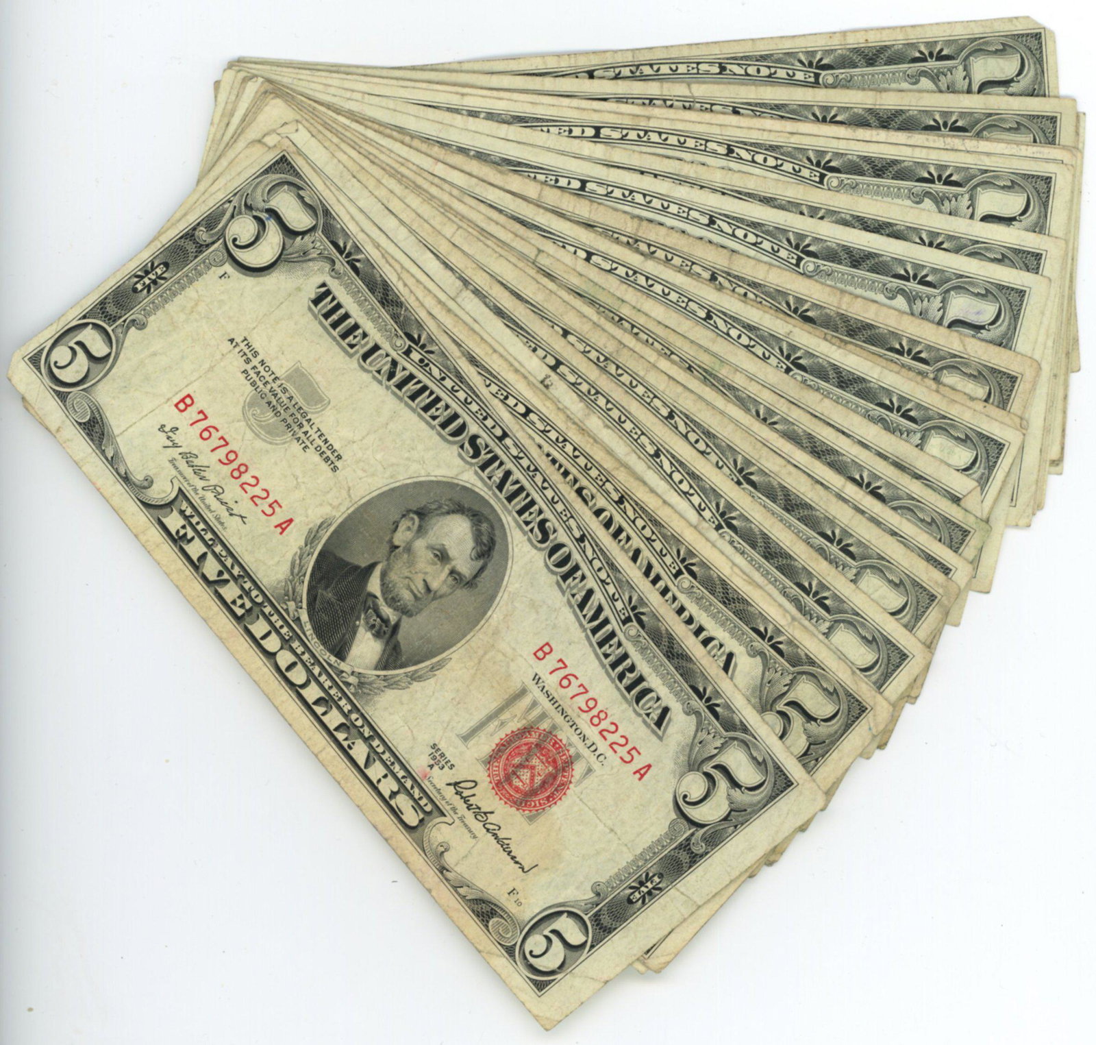1953A, 1953B, and 1963 $5 US Note Red Seal Lot of 28: Lot of 28. 1953A, 1953B, and 1963 $5 US Note with red seal. F/XF