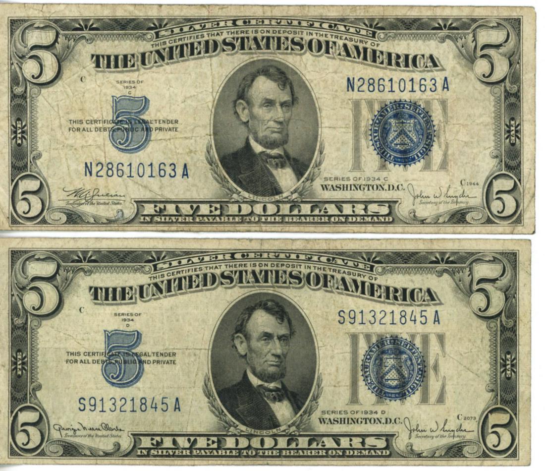 1934A, C and 1953A,B $5 Silver Certs Blue Seal Lot of 6: 1934A, C and 1953A,B $5 Silver Certificates with blue seals. Group of 6. Includes A, B, C, D. VF