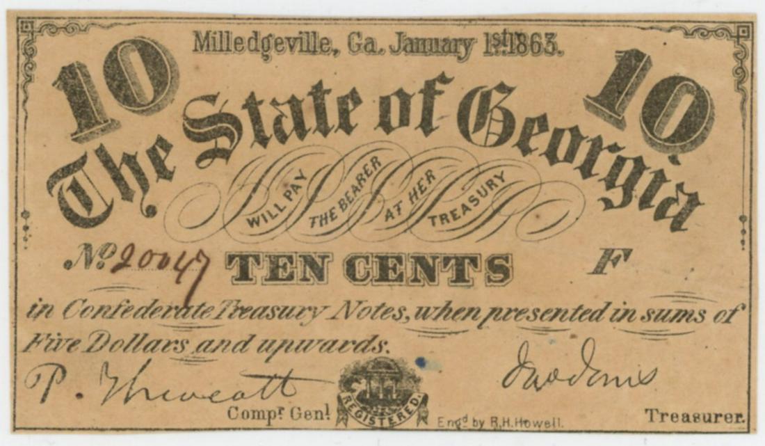 1863 Confederate Georgia Ten Cents Note: 1863 Confederate States of America, Georgia Ten Cents Note. XF/UNC
