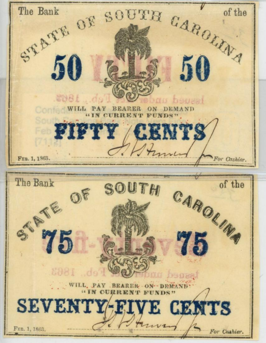 1863 Confederate South Carolina 50c & 75c Bank Notes(2): 1863 Confederate South Carolina Fifty Cents and 75 Cents Note Lot of 2. February 1, 1863. XF