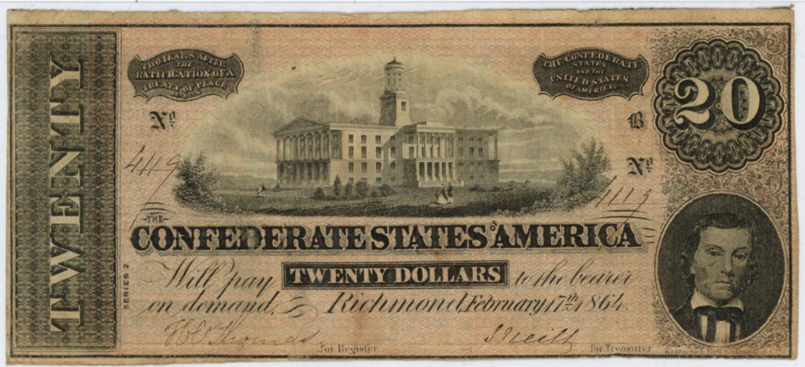 1864 Confederate a $20 Civil War Note: 1864 Confederate $20 Civil War Note. VF/XF