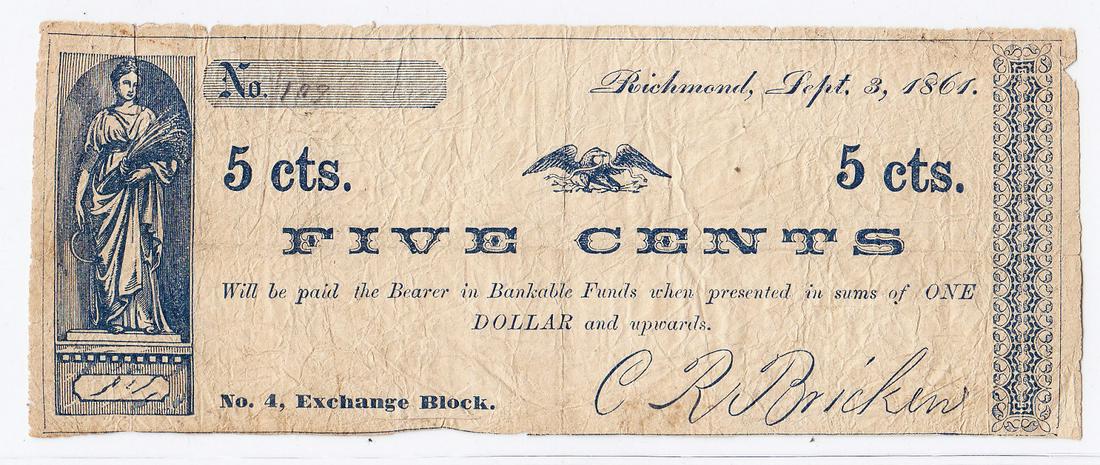 1861 C.R. Bricken 5 Cents Note, Civil War Counterfeit: 1861 C.R. Bricken 5 Cents Note, Civil War Contemporary Counterfeit to devalue of Confederate currency. Richmond, Septemberr 3, 1861. XF