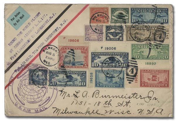 1929 US Zeppelin Round the World Flight Cover: 1929 (Aug 1-10), Zeppelin Round the World Flight (Sieger 29D), large cover with colorful franking and all proper postmarks and cachets including the green ROUND-THE-WORLD cachet on the reverse, Fine t