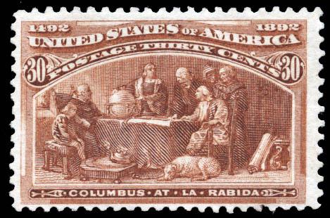 1893 30 Cent Columbian Stamp (Scott 239) $225: 1893, 30 cent; Columbian (Scott 239), attractive centering and lovely fresh color, unused with gum, almost Very Fine. Scott $225 as o.g.