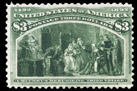 1893 $3 Columbian Stamp (Scott 243) $700: 1893, $3 Columbian (Scott 243), attractive centering and fresh color, unused/with gum; Fine to Very Fine. Scott $700.