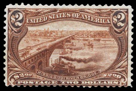 1898 $2 Trans-Mississippi Stamp (Scott 293) $1900: 1898, $2 Trans-Miss. (Scott 293), bright fresh color, o.g., hinged, appears Fine. Scott $1,900.