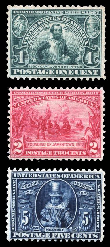 1907 Jamestown Issue Complete (Scott 328-330) $290: 1907, Jamestownn issue complete (Scott 328-330), fresh colors, nicely centered for this very difficult issue, o.g., 1 cent and 2 cent never hinged, 5 cent barely hinged, almost Very Fine. Scott $290.