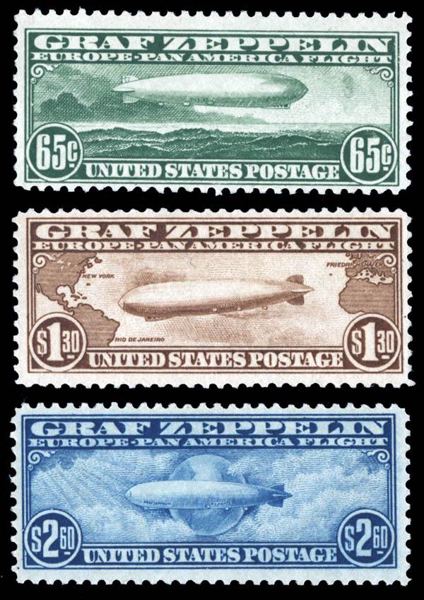1930 Airmail Zeppelin Set Complete Scott C13-C15 $1315: Airmail, 1930, Graf Zeppelin complete (Scott C13-C15), attractive fresh set, o.g., 65Â¢ and $1.30 never hinged, $2.60 barely hinged, Fine to Very Fine. Scott $1,315.