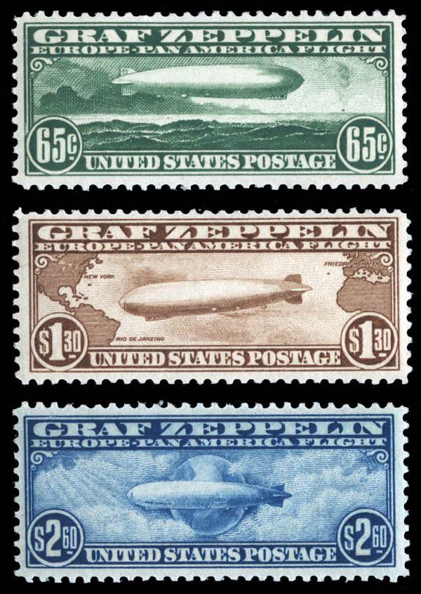 1930 Airmail Zeppelin Set Complete Scott C13-C15 $1060: Airmail, 1930, Graf Zeppelin complete (Scott C13-C15), a fresh and well centered set, o.g. (mount reaction), appears Very Fine. Scott $1,060.