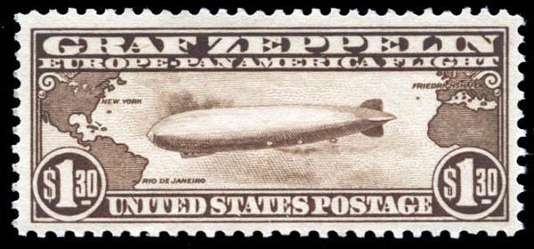 1930 Airmail $1.30 Graf Zeppelin Stamp (Scott C14): Airmail, 1930, $1.30 Graf Zeppelin (Scott C14), well centered, o.g., never hinged, Very Fine. Scott $550.