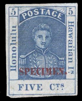 1894 Hawaii 5¢ Blue Stamp Re-Issue (Scott 10SA): Hawaii 1868, 5¢ blue, re-issue, overprinted "Specimen" (Scott 10SA), unused without gum. Scott $25.