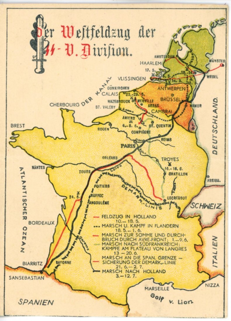 WWII Germany Invasion of France Ephemera Group of 3: Group of 3. Includes map, receipt, Nazi cancellation, and political postcard