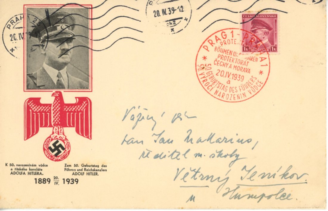 Nazi German Occupation of Czech Cover and Card Grp of 2: Group of 2. Including cover with Hitler image, swastika with 1939 Prague fancy cancel, and postcard with map and swastika "The Truth Has Triumph"