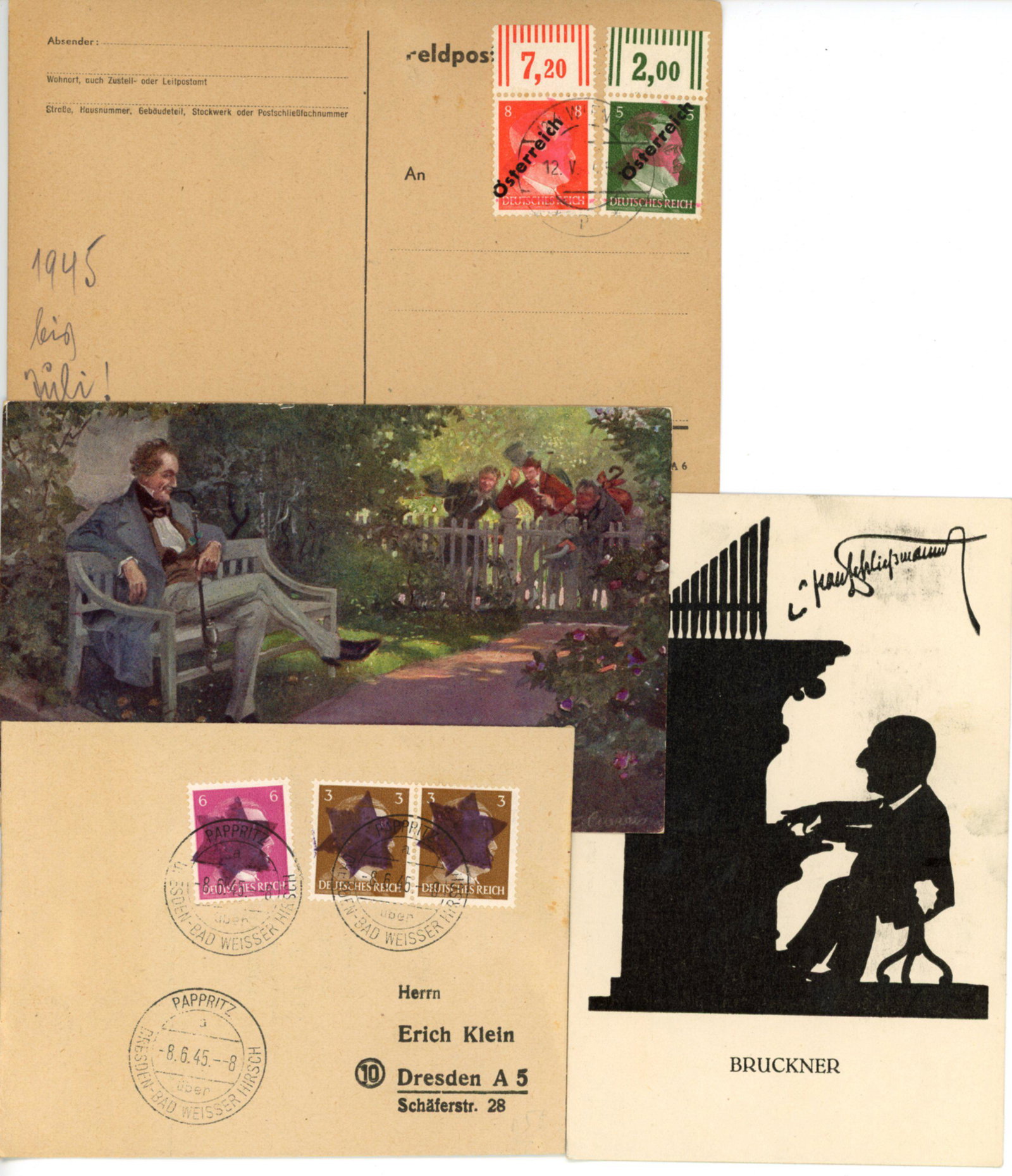 WWII Nazi Era Obliterated Hitler Head Stamps Grp 16: Group of 16. Specialized covers and cards all with Hitler head stamps with obliterated cancels. Mostly Russian occupation. Includes star, half moon and bar, hammer and sickle, and others