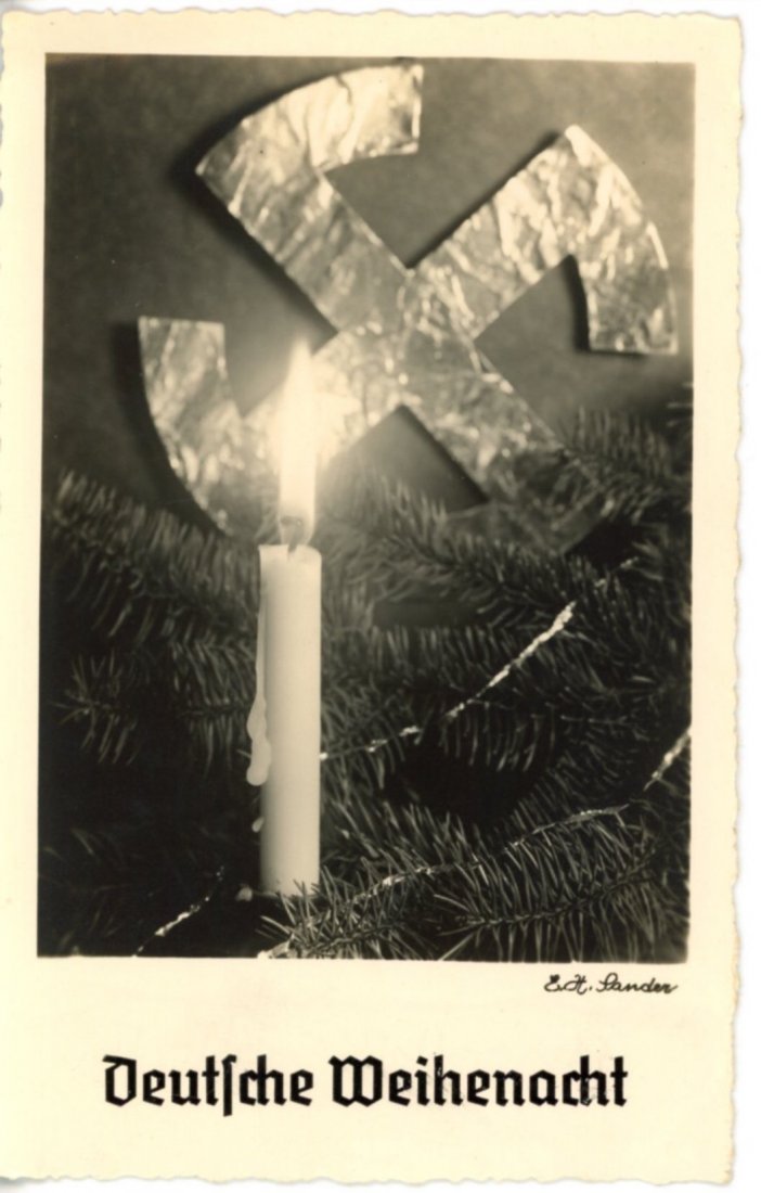 Germany Nazi Era Cards and Ephemera Grooup of 8: Group of 8. Includes Hitler Postcard, Luftwwafe music booklet, opera tickets given to NKDF and DAF, and Nazi Christmas card with swastika candle and Christmas tree