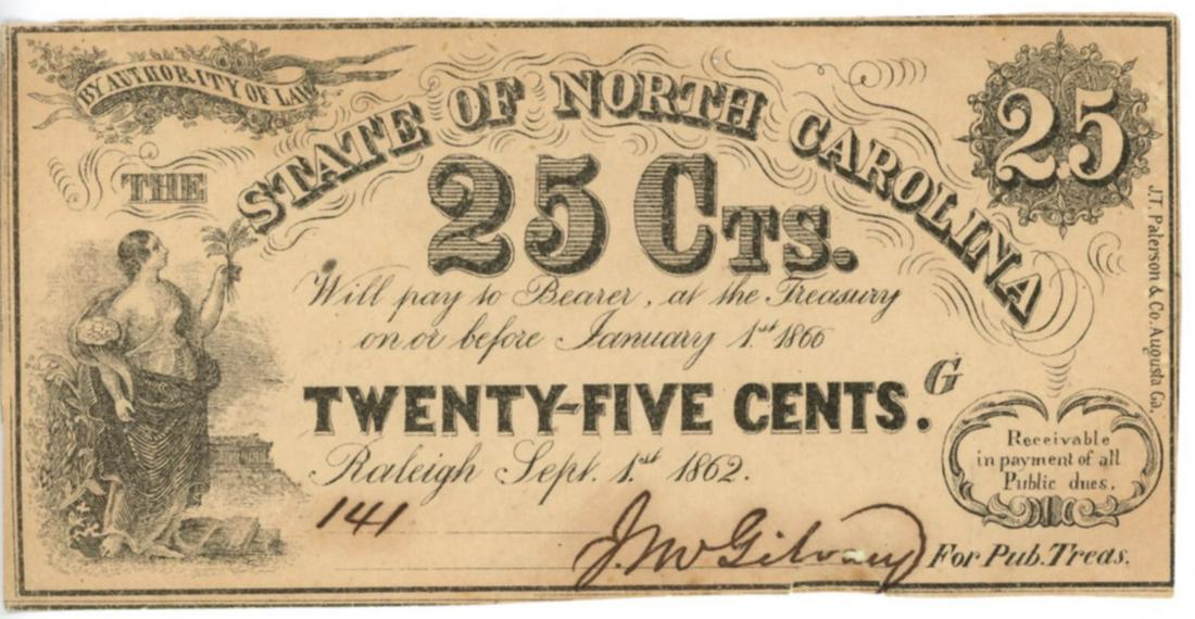 1862 25c CSA- North Carolina Fractional Note (1 of 1)