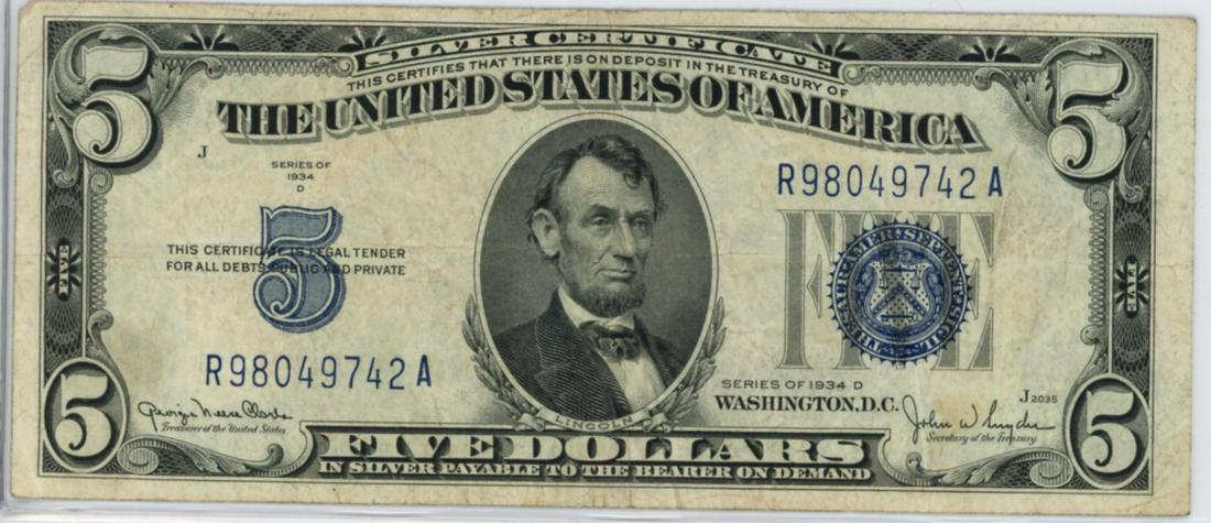 FR 1654: 1934-D $5 Silver Certificate, Clarke-Snyder (1 of 2)
