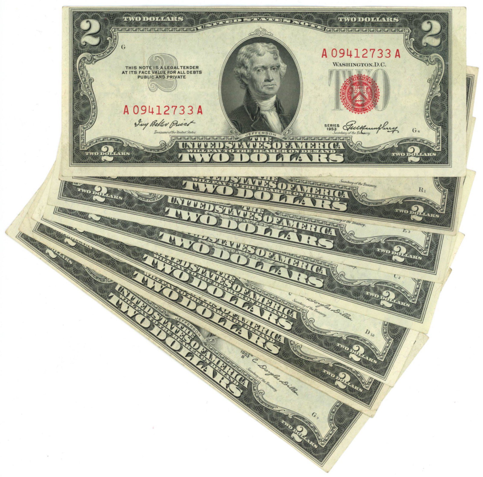 FR 1509-1513: $2 Red Seal US Notes, Lot of 7 (1 of 2)