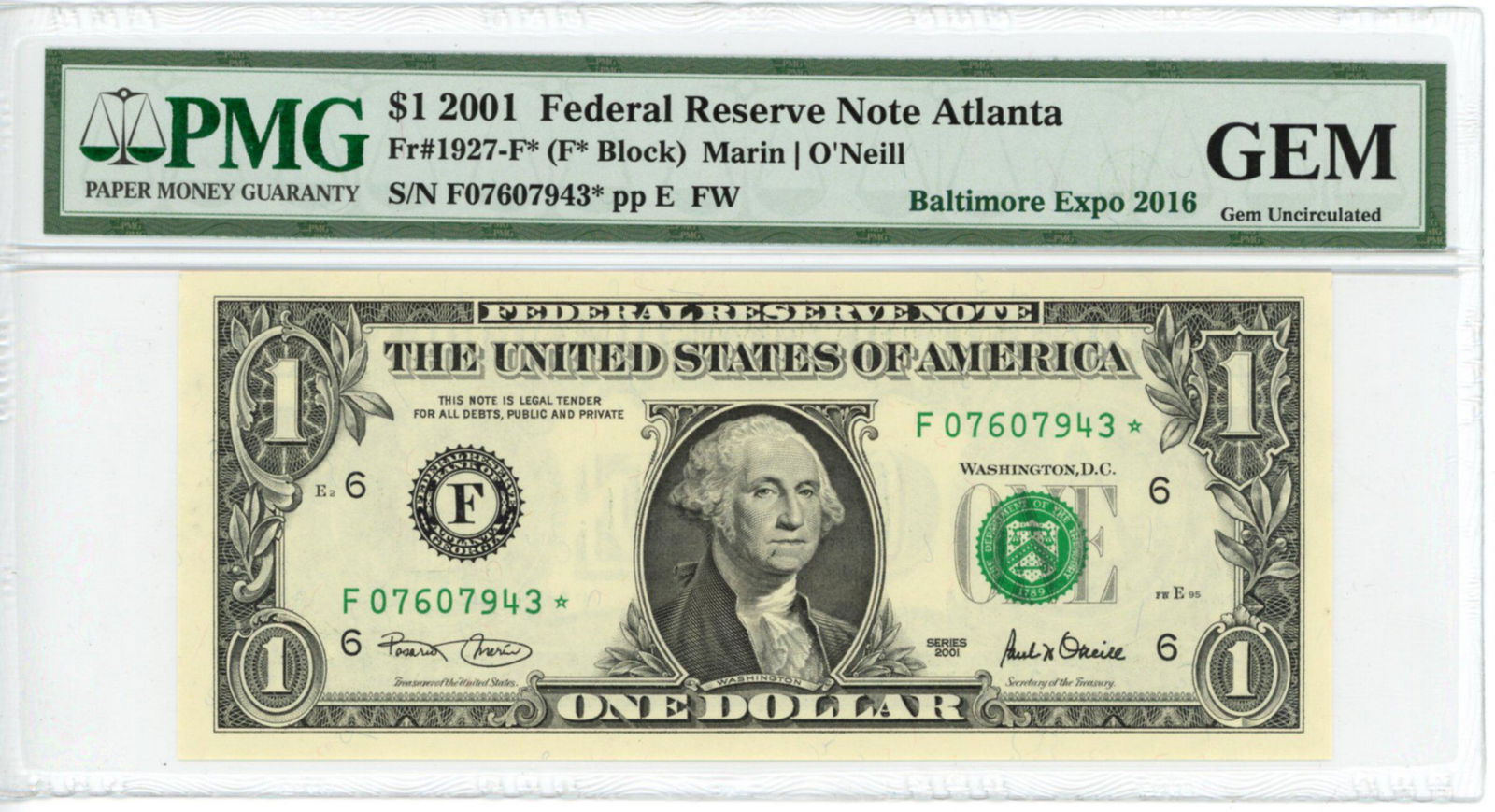 FR 1927F: 2001 $1 Federal Reserve Star Note, Atlanta. (1 of 2)