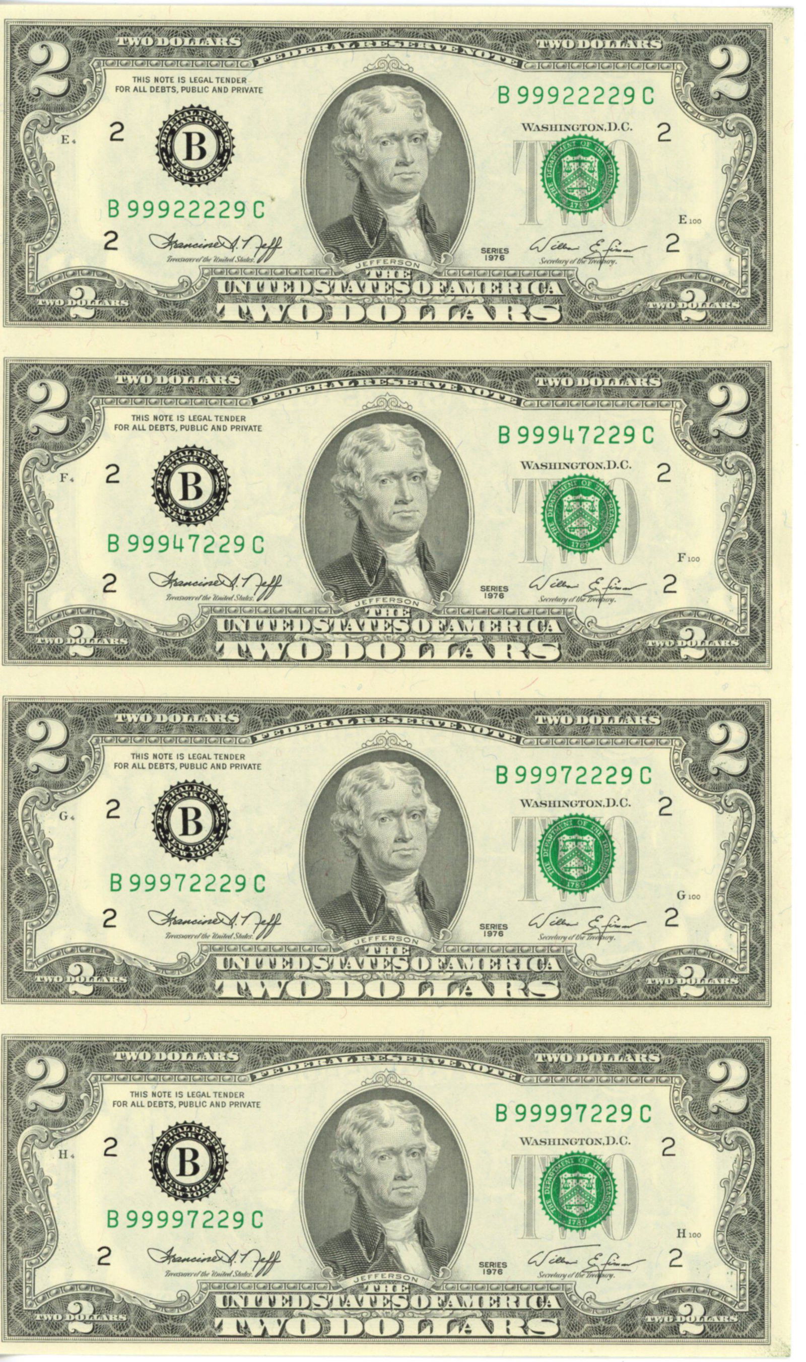 FR 1935B 1976 $2 US FR Note Uncut Sheet of 4 (1 of 3)