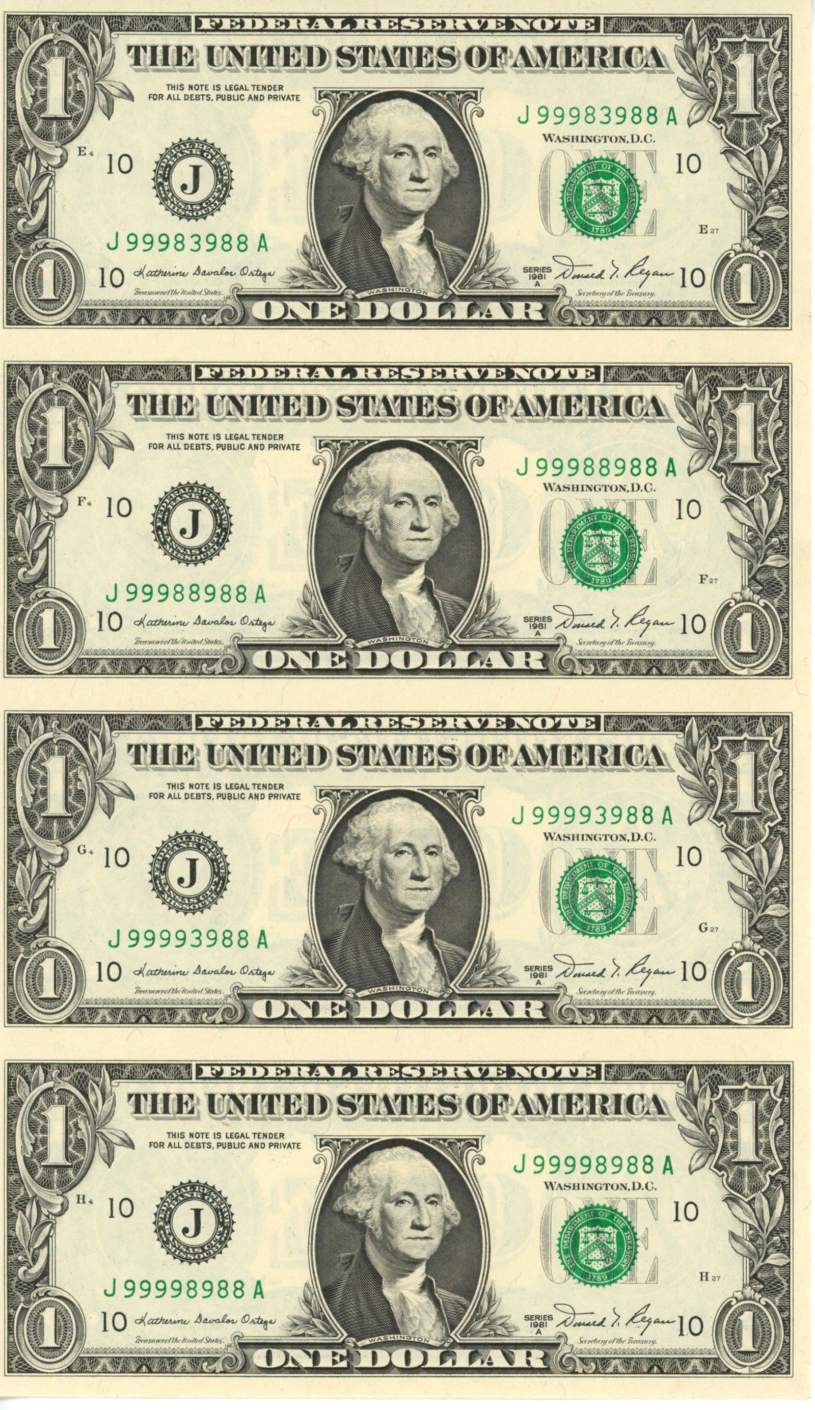 FR 1912J: 1981A $1 US FR Note, Uncut Sheet of 4 (1 of 2)