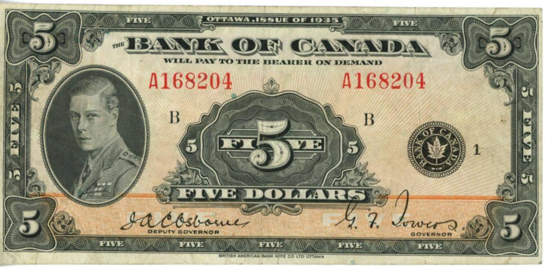 1935 $5 Bank of Canada Note, Charleton 43 (1 of 2)