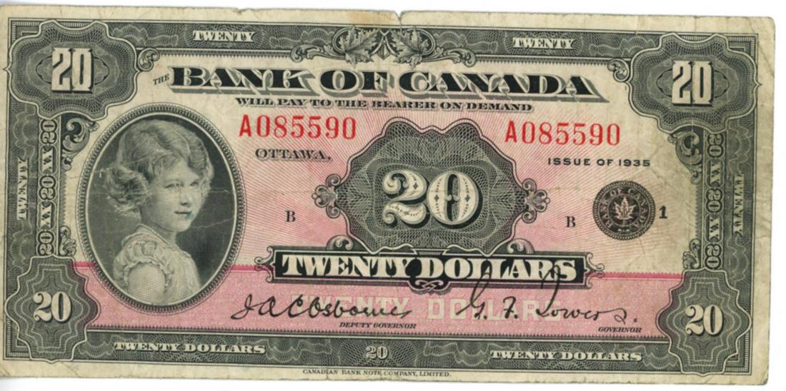 1935 $20 Bank of Canada Note, Charleton 46b (1 of 2)
