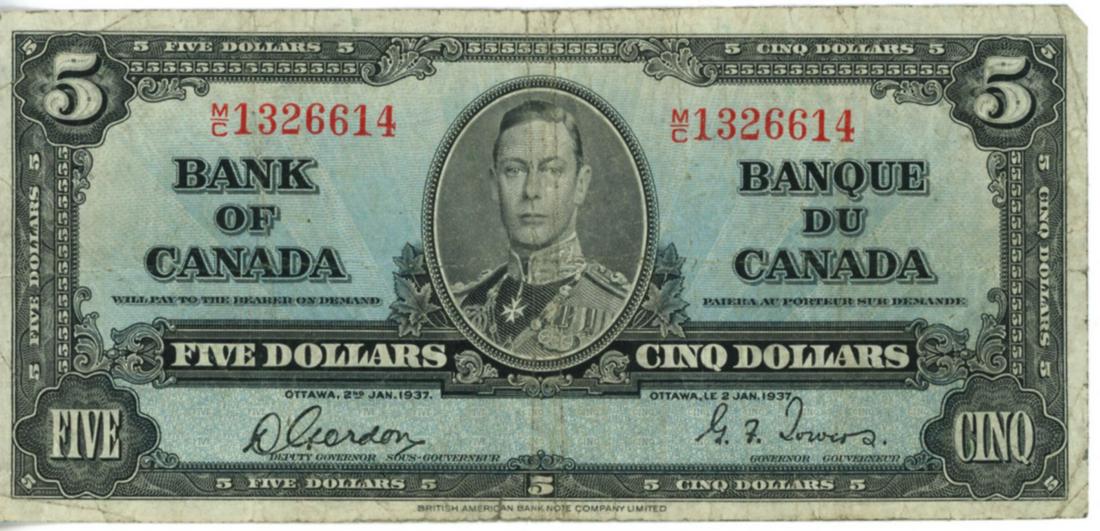 1937 $5 Bank of Canada Note, Charleton 60b (1 of 2)