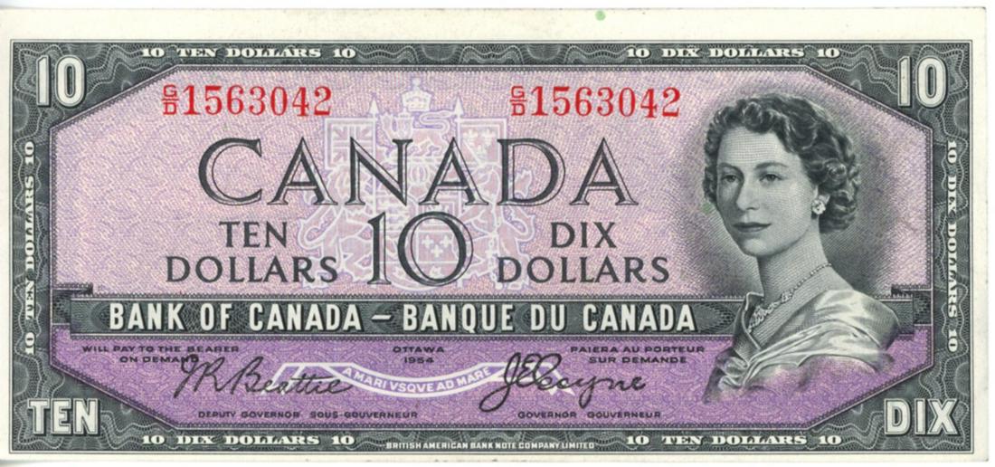 1954 $10 Bank of Canada Note, Charleton 69b (1 of 2)