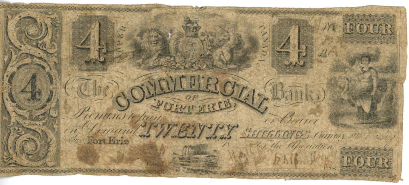 c.1836-37 $4 Commerical Bank of Fort Erie, Upper Canada (1 of 1)