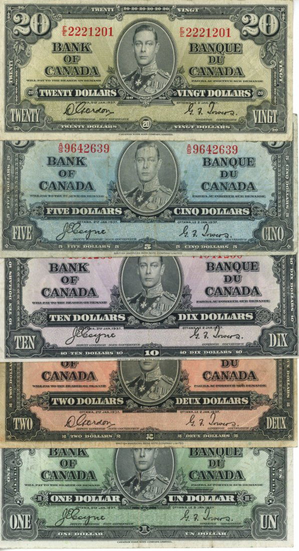 1937 $1, $2, $5, $10, $20 Bank of Canada Notes, Set of (1 of 2)