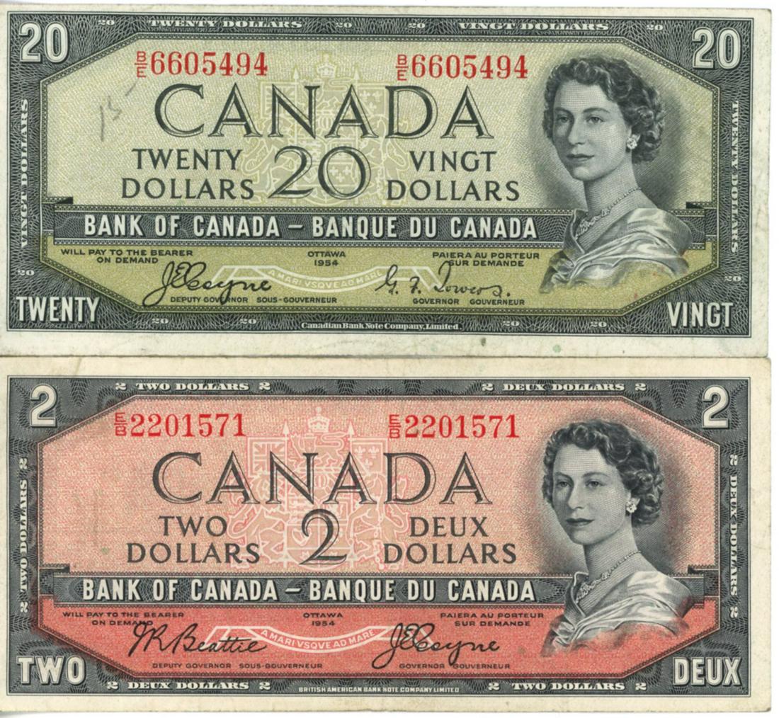 1954 $2 and $20 Bank of Canada Notes, Group of 2 (1 of 2)