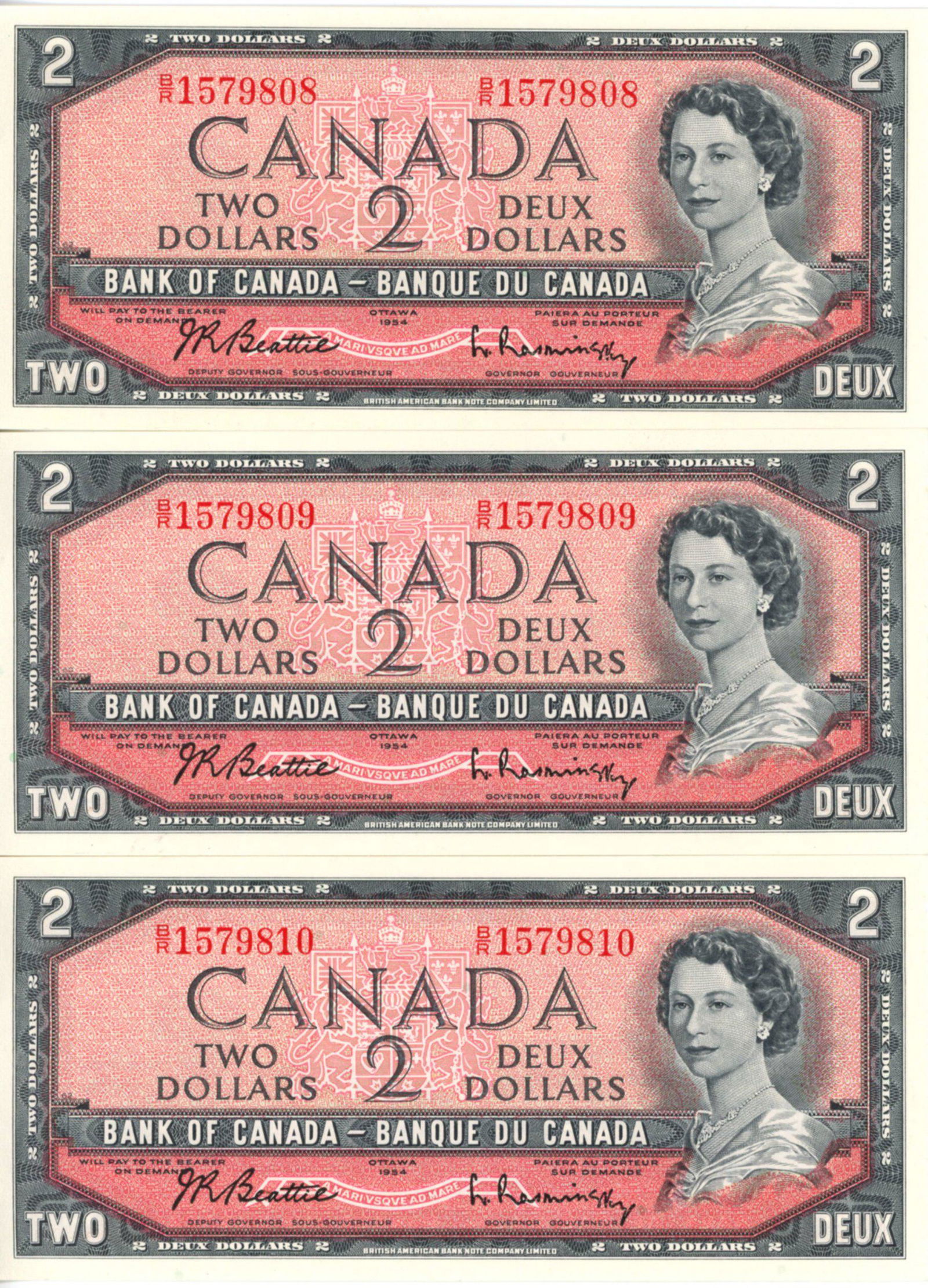 1954 $2 Bank of Canada Notes, Group of 3 (1 of 2)