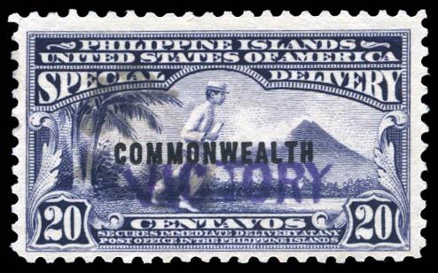 Philippines Special Delivery 1944 20c (Scott #E9): Unused, O.G., bright and fresh, Very Fine, signed several times by experts and with a couple backstamps (one shows faintly through to the palms on front), a rare stamp. Scott $550.