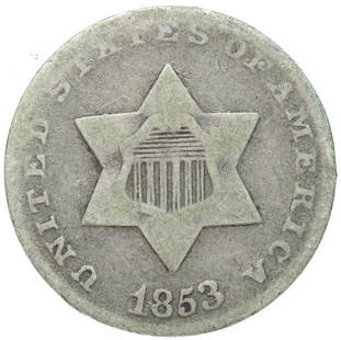 1853 Silver 3 Cent: F-15. CPG $70.