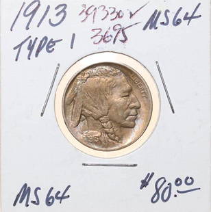 1913 Buffalo Nickel Type 1: MS-64. CPG $92.