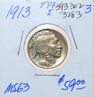 1913 Buffalo Nickel Type 1: MS-63. CPG $68.